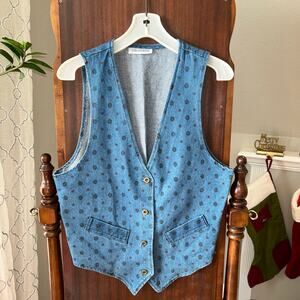 Vintage Cascade Blues denim vest with floral polka dot pattern women’s small